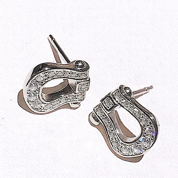 Sterling Silver Zircon Horseshoe Earrings, Stud, Horse bit, Snaffle, D Ring - Picture 3 of 4
